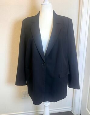 H&M Women’s Black Solid Long Blazer Jacket Button Front Pockets Size XL